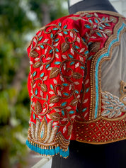 Red with Blue Lotus Creeper Bridal Blouse - Aadambharaa
