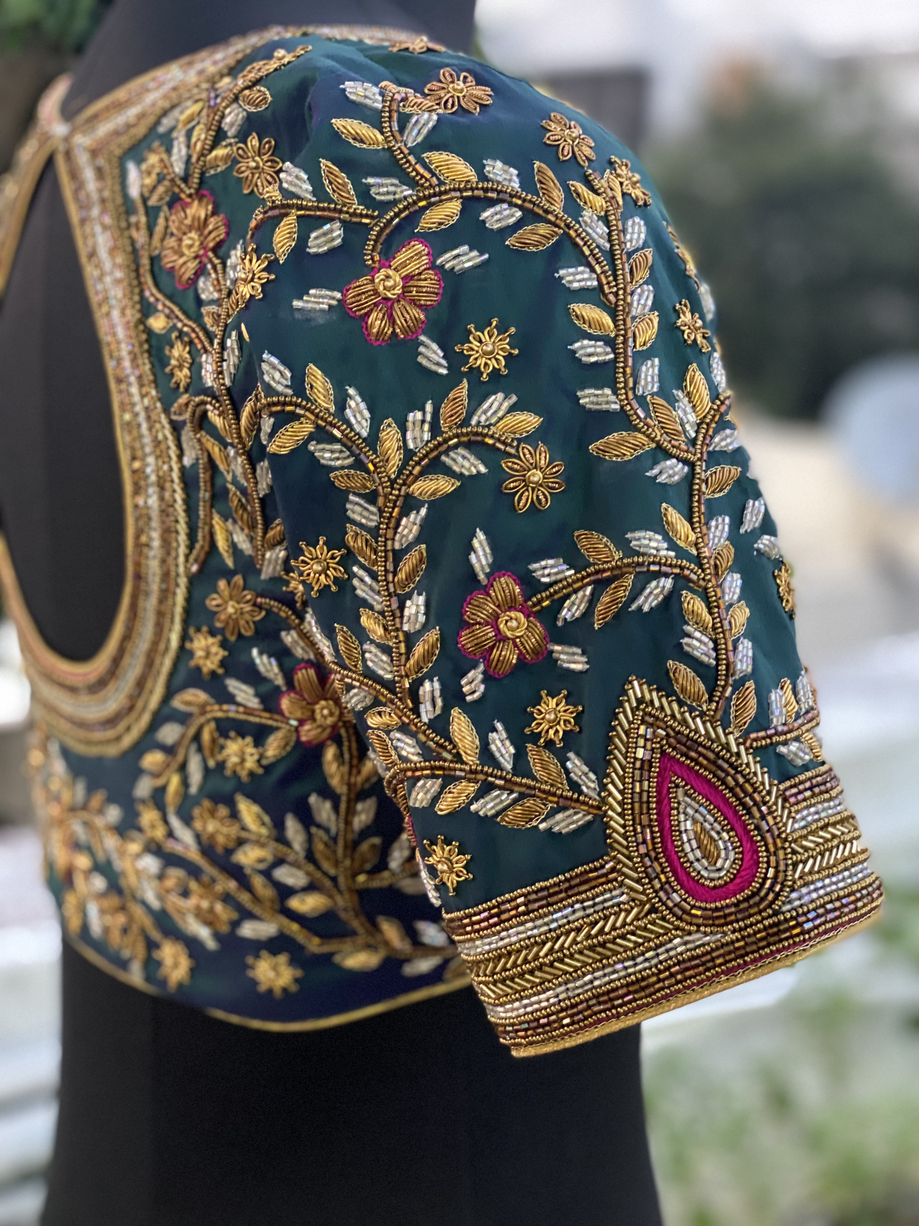 Green Allover Creeper Bridal Blouse - Aadambharaa