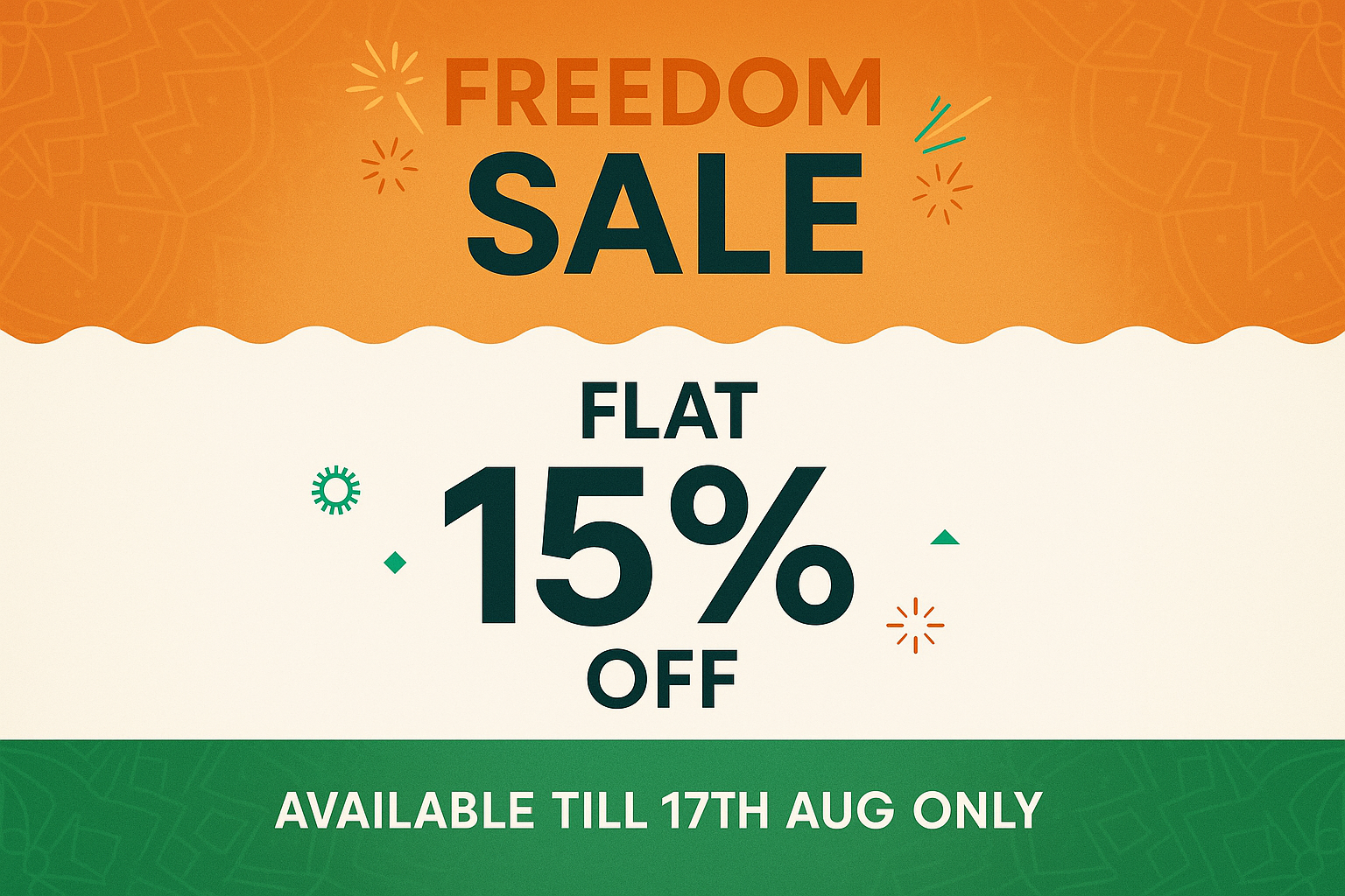 FREEDOM SALE - Flat 15% Off | Available till 17th Aug Only for the mobile image