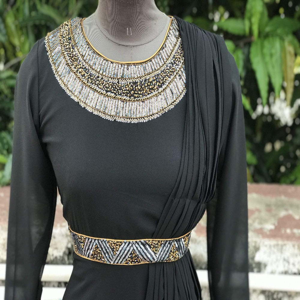 Black Sequinned Maharani Dress With Belt