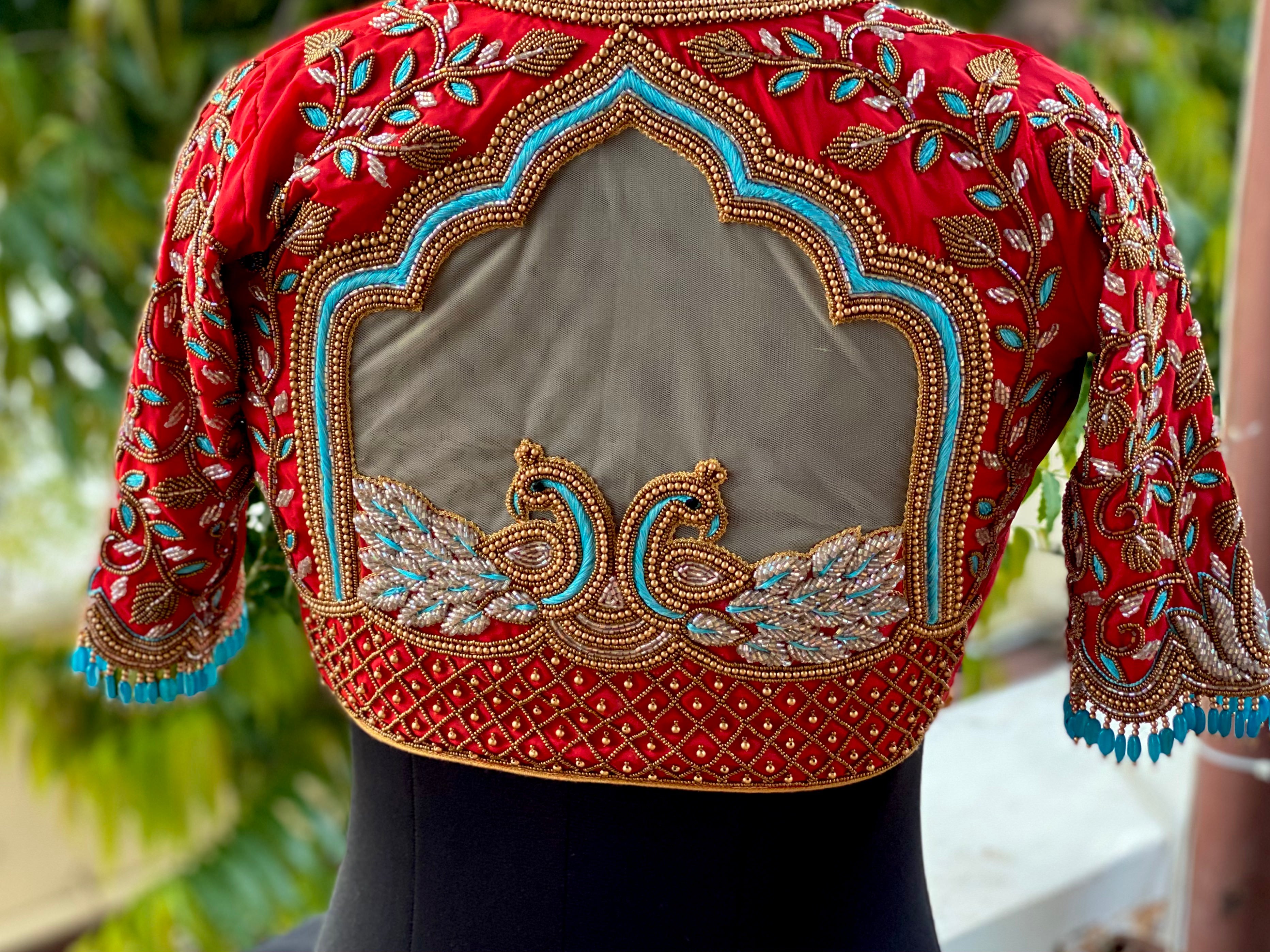 Red with Blue Lotus Creeper Bridal Blouse - Aadambharaa