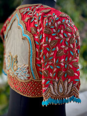 Red with Blue Lotus Creeper Bridal Blouse - Aadambharaa