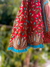 Red with Blue Lotus Creeper Bridal Blouse - Aadambharaa