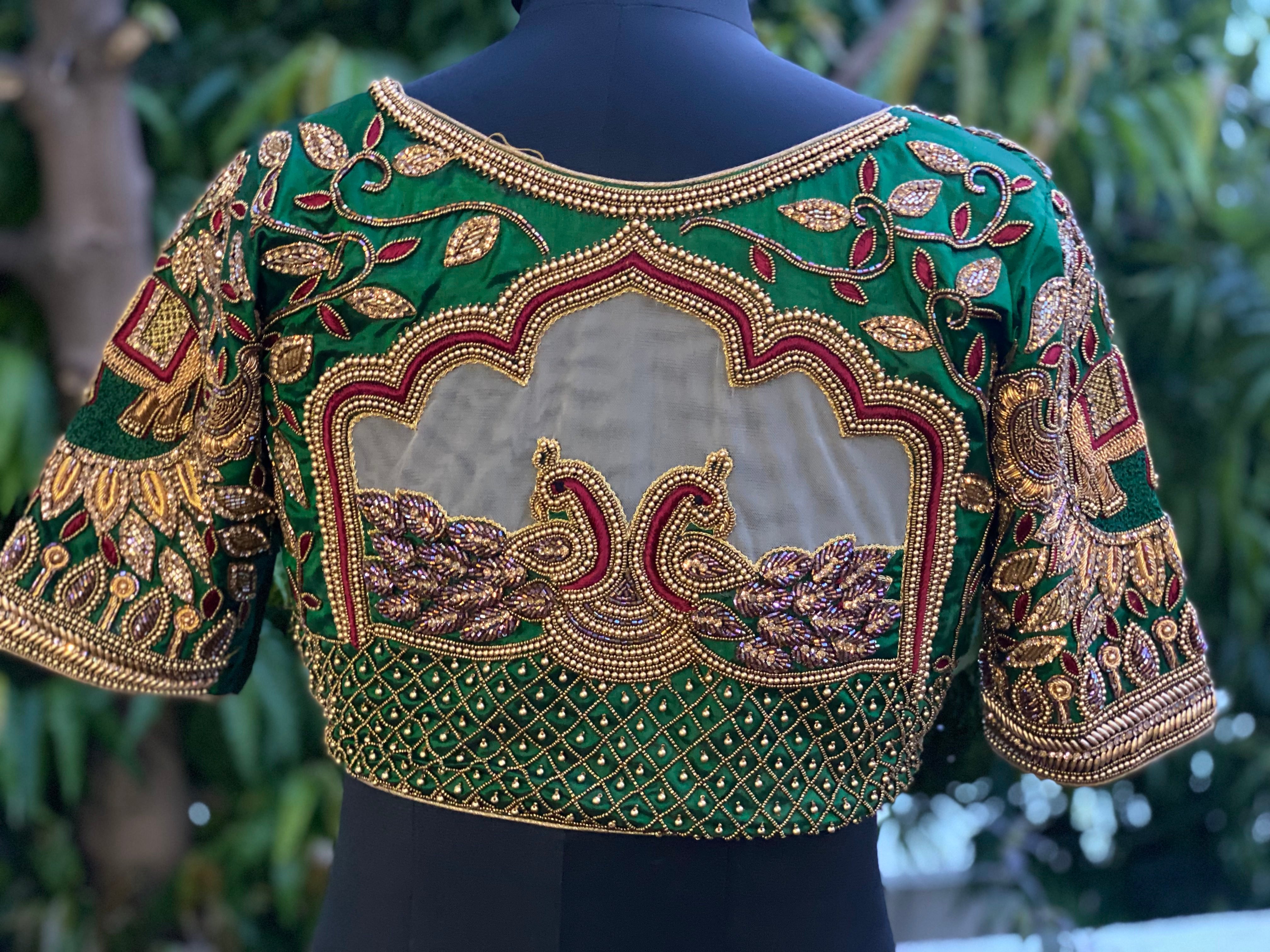 Green Stone Leaves and Elephant Bridal Blouse - Main Image