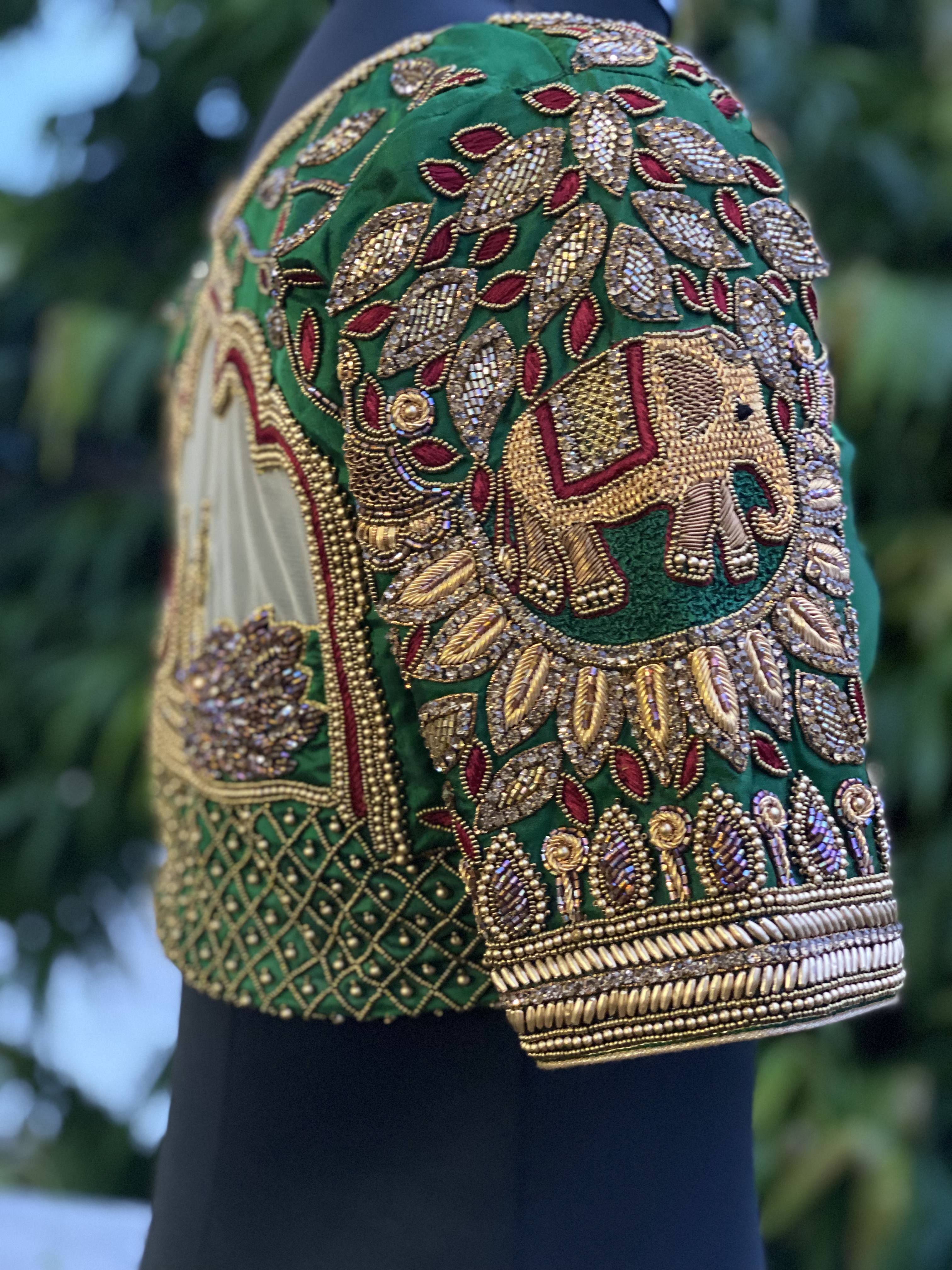 Green Stone Leaves and Elephant Bridal Blouse